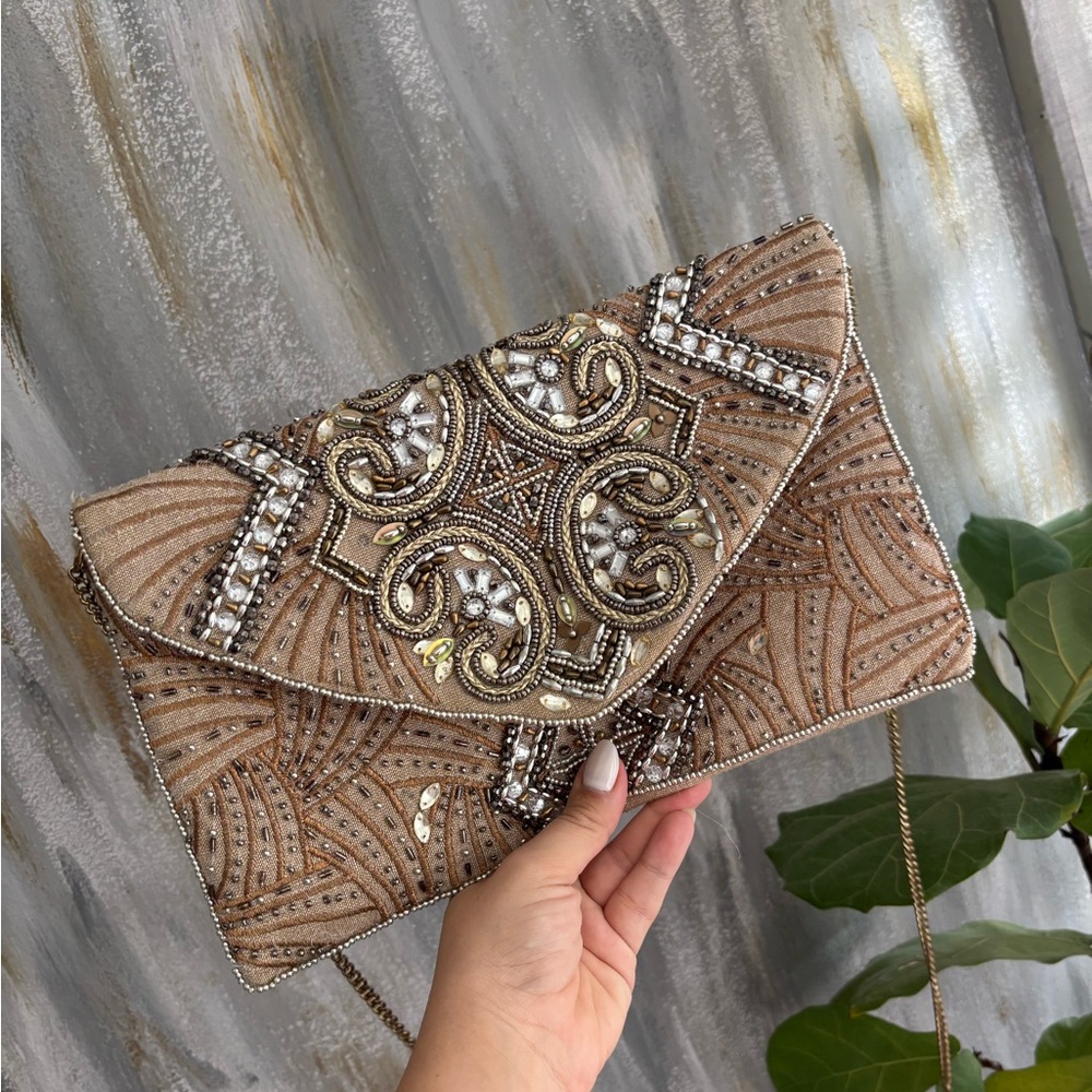 Elegant Beaded Clutch in Brown and Gold